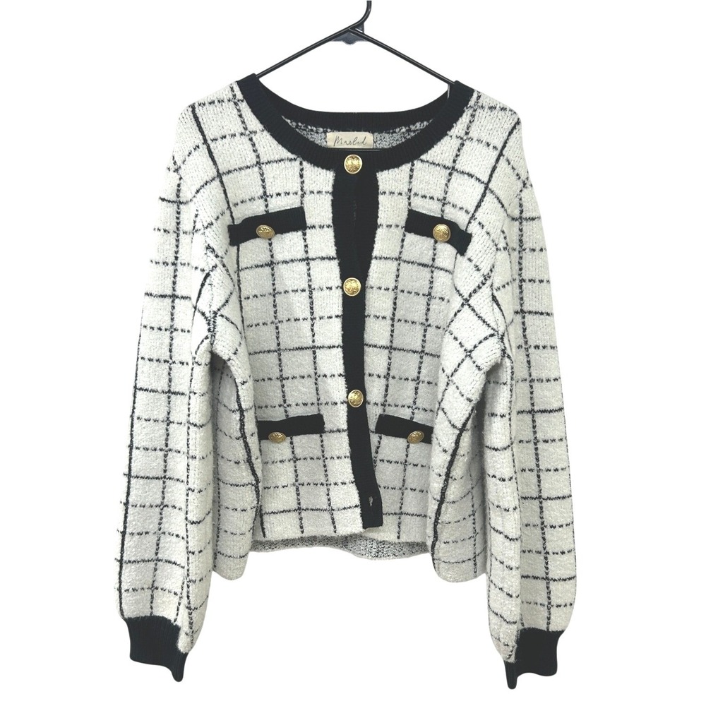Chunky‎ Plaid Knit Cardigan XL Button Front Marled Cozy Grandpacore Academia